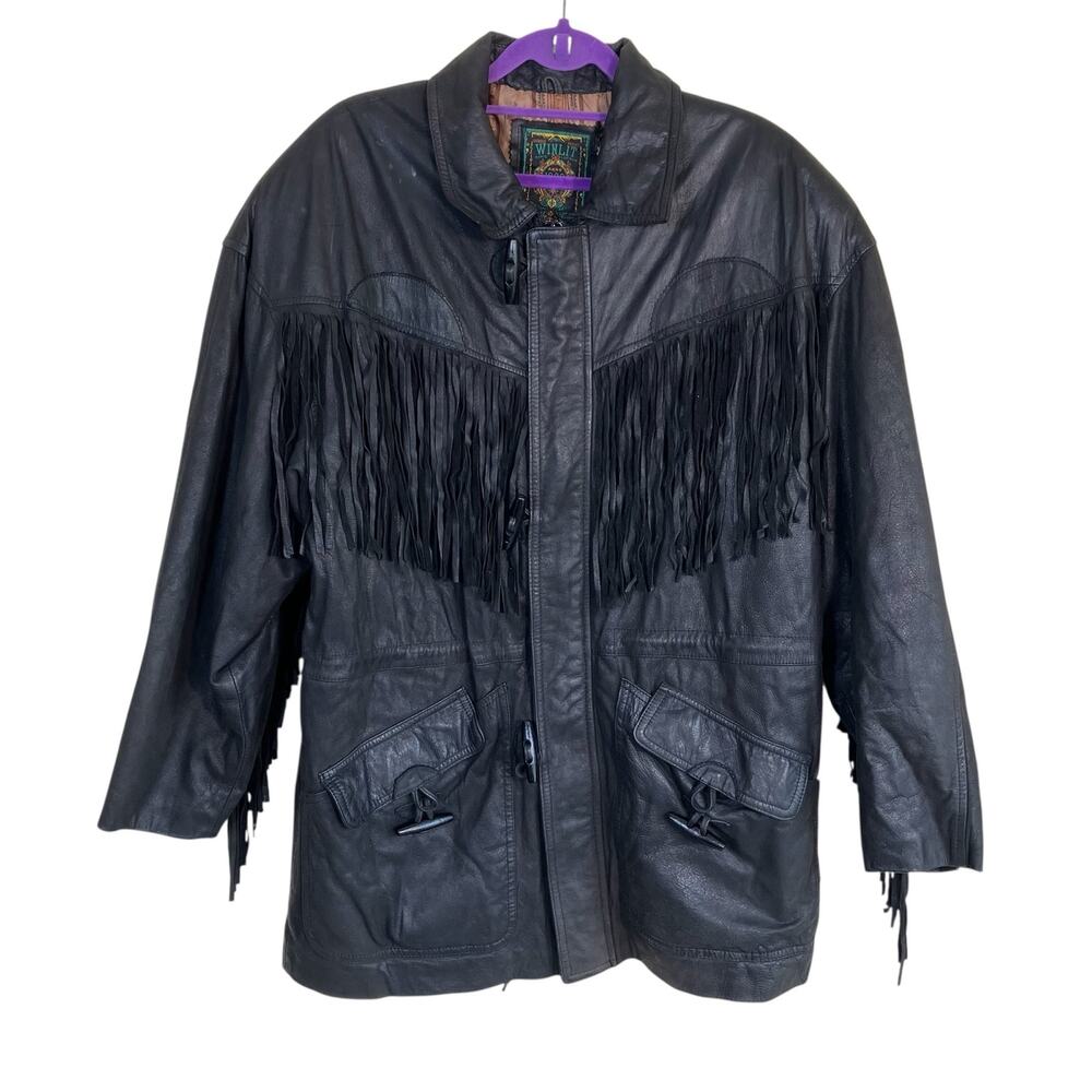 Winlit Vintage 90s Black Leather Fringe Jacket Western Biker Full-zip Lined